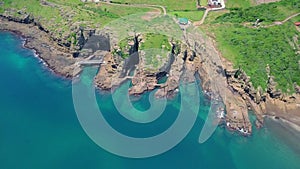 Aerial View of Yongmeori Coastal Walk on Jeju Island, South Korea. Rough Geological Formation Made with Erosion