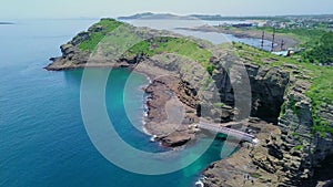Aerial view of Yongmeori coastal walk on Jeju Island, South Korea. Rough Geological Formation Made with Erosion