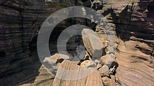 Aerial view of Yongmeori coastal walk on Jeju Island, South Korea. Rough Geological Formation Made with Erosion