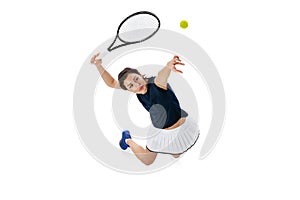 Aerial view of young beautiful girl, tennis player in sportswear playing tennis isolated on white background. Beauty