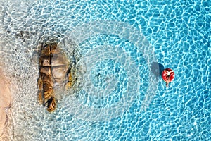 Aerial view of a young woman swimming with red swim ring in sea