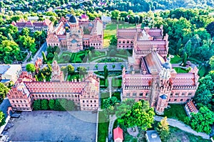 Aerial view of Yuriy Fedkovych National University, Seminar Residence and Church of the Three Hierarchs. Old historical