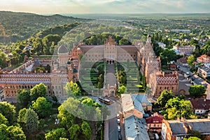 Aerial view of Yuriy Fedkovych National University, Seminar Residence and Church of the Three Hierarchs. Old historical university