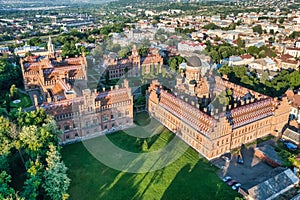 Aerial view of Yuriy Fedkovych National University, Seminar Residence and Church of the Three Hierarchs. Old historical university