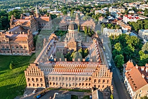 Aerial view of Yuriy Fedkovych National University, Seminar Residence and Church of the Three Hierarchs. Old historical university