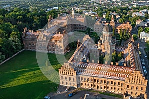 Aerial view of Yuriy Fedkovych National University, Seminar Residence and Church of the Three Hierarchs. Old historical university