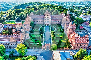 Aerial view of Yuriy Fedkovych National University, Seminar Residence and Church of the Three Hierarchs. Old historical university