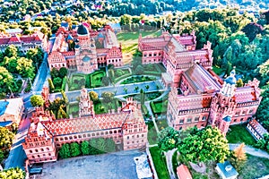 Aerial view of Yuriy Fedkovych National University, Seminar Residence and Church of the Three Hierarchs. Old historical university