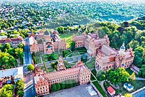 Aerial view of Yuriy Fedkovych National University, Seminar Residence and Church of the Three Hierarchs. Old historical university