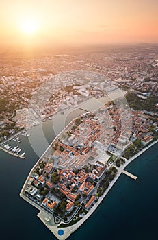 Aerial view of Zadar old city, amazing sunrise landscape, Dalmatia, Croatia. Famous tourist resort on Adriatic sea coast