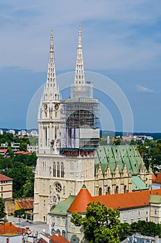 Aerial view on a Zagreb Cathedral in the bright sunny day...IMAGE