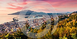 Aerial view of Zakynthos Zante town. Colorful spring sunrise on the Ionian Sea. Beautiful cityscape panorama of Greece city.