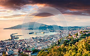 Aerial view of Zakynthos Zante town. Dramatic spring sunrise on Ionian Sea. Beautiful cityscape panorama of Greece city.