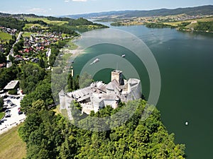 Aerial view of the Zamek Dunajec castle in Niedzica, Poland