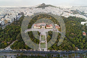 Aerial view of Zappeion in Athens and modern part of the city