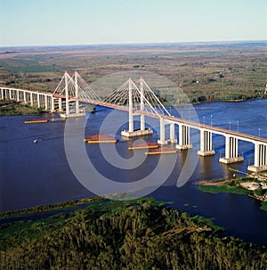 Aerial View of the Zarate Brazo Largo bridge, in Argentina, that crosses the Parana river between the province of Buenos Aires photo