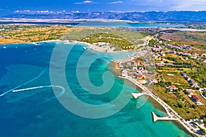 Aerial view of Zaton tourist waterfront and Velebit mountain background
