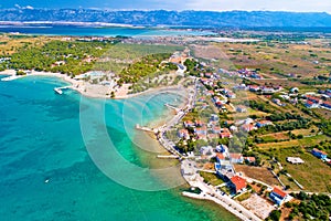 Aerial view of Zaton tourist waterfront and Velebit mountain background