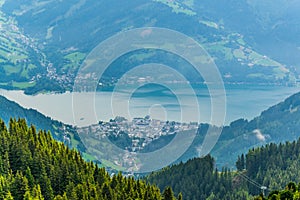 Aerial view of the zeller lake and zell am see town from the upper statioon of the schmittenhohe cable car in Austria