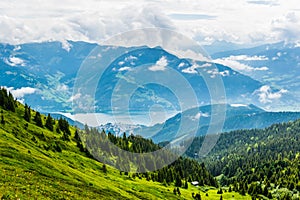 Aerial view of the zeller lake and zell am see town from the upper statioon of the schmittenhohe cable car in Austria photo