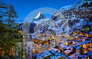 Aerial View on Zermatt Valley and Matterhorn Peak at Dawn photo