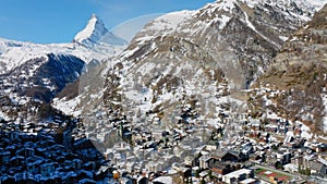 Aerial View on Zermatt Valley and Matterhorn Peak in the Morning,