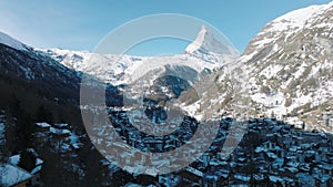 Aerial View on Zermatt Valley and Matterhorn Peak in the Morning,