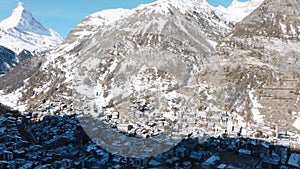 Aerial View on Zermatt Valley and Matterhorn Peak in the Morning,