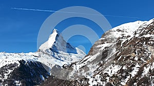 Aerial View on Zermatt Valley and Matterhorn Peak in the Morning,