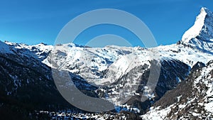 Aerial View on Zermatt Valley and Matterhorn Peak in the Morning,