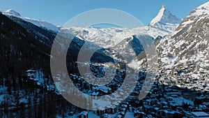 Aerial View on Zermatt Valley and Matterhorn Peak in the Morning,