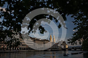 Aerial view of Zurich city center with famous GrossmÃÂ¼nster Church and river Limmat