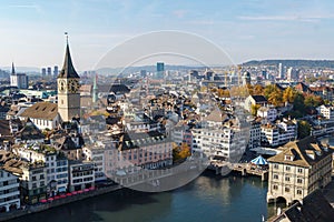Aerial view of the Zurich cityscape. With buildings, bridge, and steeple