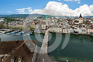 Aerial view of Zurich old town along Limmat river, Zurich, Switz