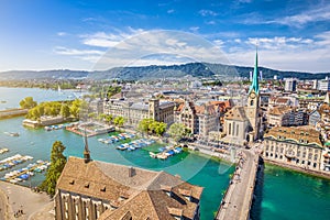 Aerial view of Zurich with river Limmat, Switzerland