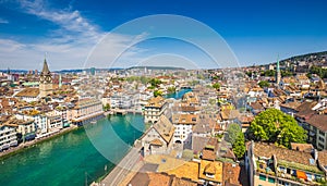 Aerial view of Zurich with river Limmat, Switzerland