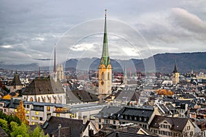 Aerial View of Historic Churches in the Picturesque Old City of Zurich, Switzerland