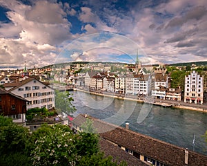 Aerial View of Zurich Skyline and Limmat River, Zurich, Switzerland