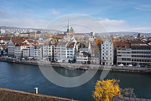 Aerial view of Zurich Skyline with Predigerkirche Church and Limmat River - Zurich, Switzerland