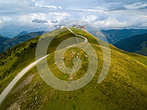 Aerial view on Zwoelferkogel mountain station in Hinterglemm in the Austrian Alps, with construction works for a new