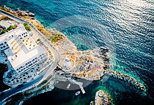 Aerial viewpoint of costal village on Paros island, Greece