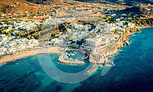 Aerial viewpoint of costal village on Paros island, Greece