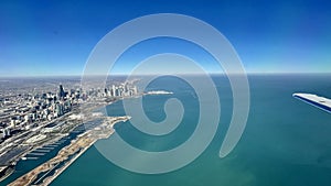 Aerial views of Chicago and Lake Michigan