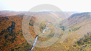 Aerial views of French Mountain valley in Autumn, Cape Breton Nova Scotia