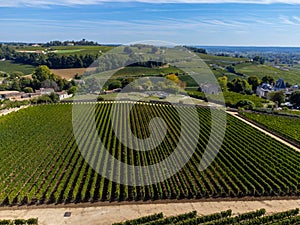 Aerial views of green vineyards, old houses and streets of medieval town St. Emilion, production of red Bordeaux wine on cru class