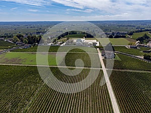 Aerial views of green vineyards, old houses and streets of medieval town St. Emilion, production of red Bordeaux wine on cru class