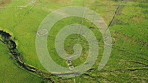 Aerial views of ruins and round sheepfolds at Gortmore in Northern Ireland