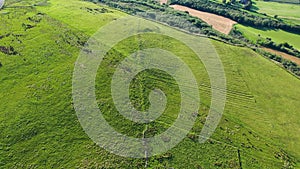 Aerial views of ruins and round sheepfolds at Gortmore in Northern Ireland