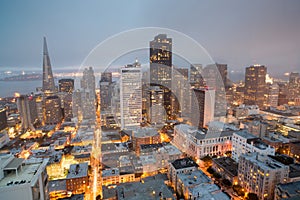 Aerial Views of San Francisco Financial District from Nob Hill, Dusk