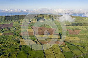 Aerial views on the typical abstract countryside of the east of Terceira Island, one of the islands of the AÃ§ores Azores